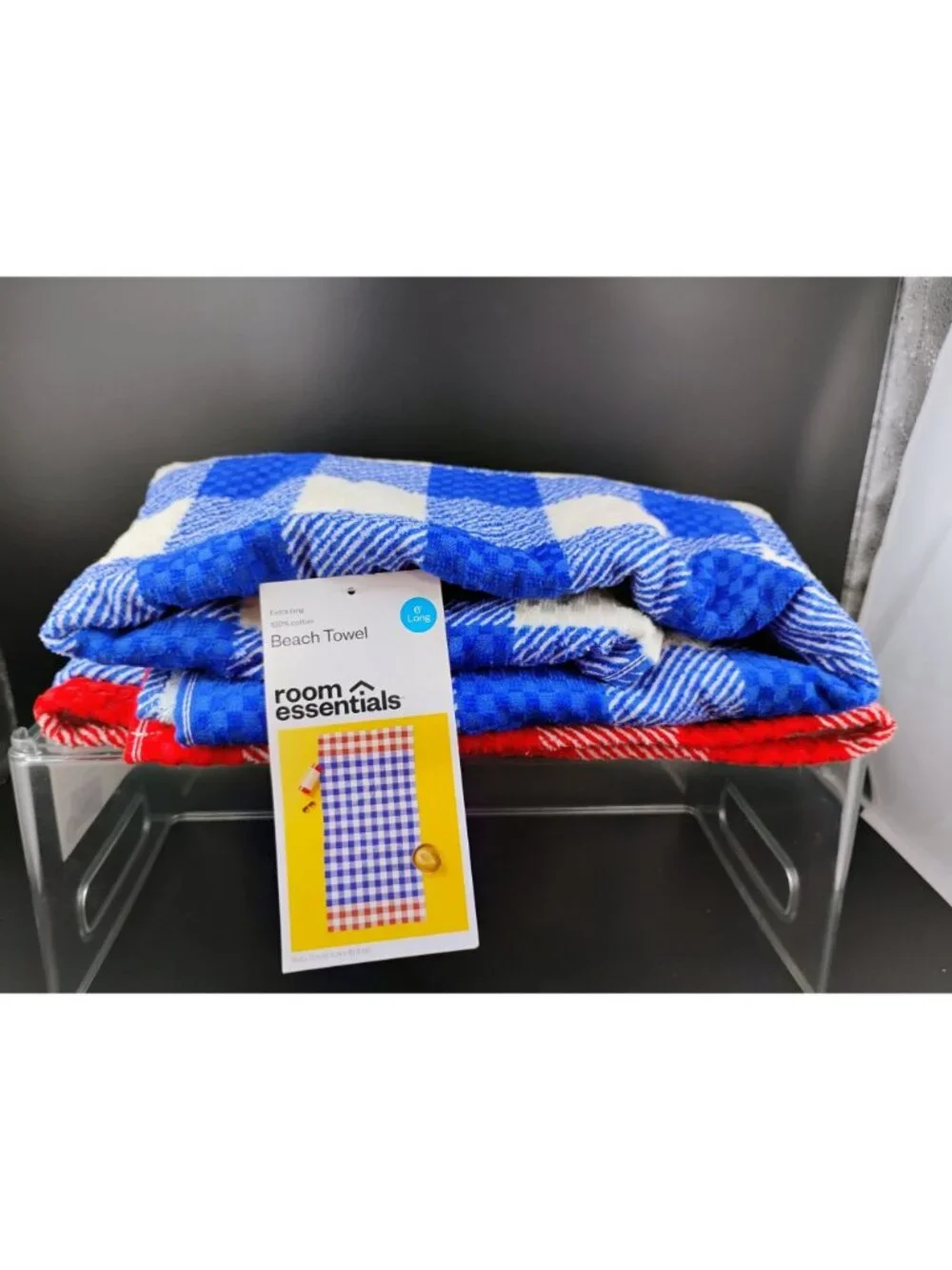 Room Essentials 6 Ft Extra Long Gingham Beach Towel Blue & Red